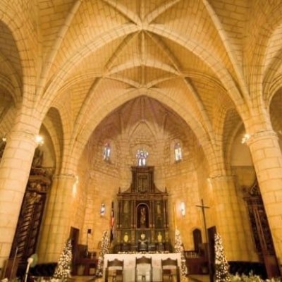 Interior of a Gothic-style church with a vaulted ceiling and ornate altar.