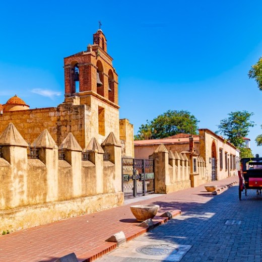 Historic street with trees, a horse-drawn carriage, and an old church building under a clear blue sky.