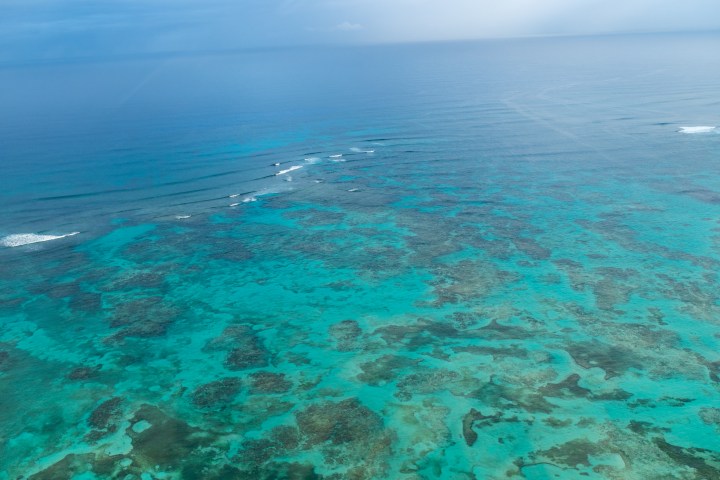 Aerial view of a vibrant turquoise coral reef in a calm ocean.