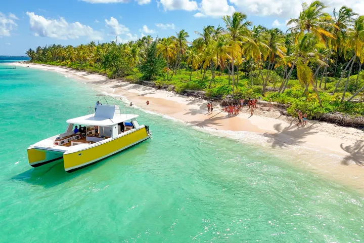 Catamaran near a tropical beach with palm trees and people walking along the shore.